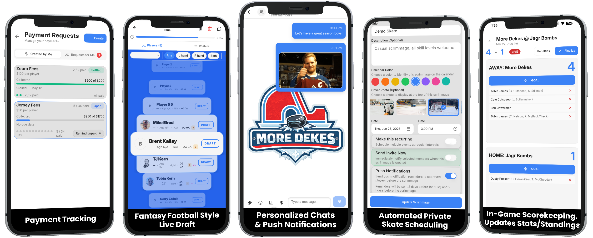 Roster app screens for organizing a team